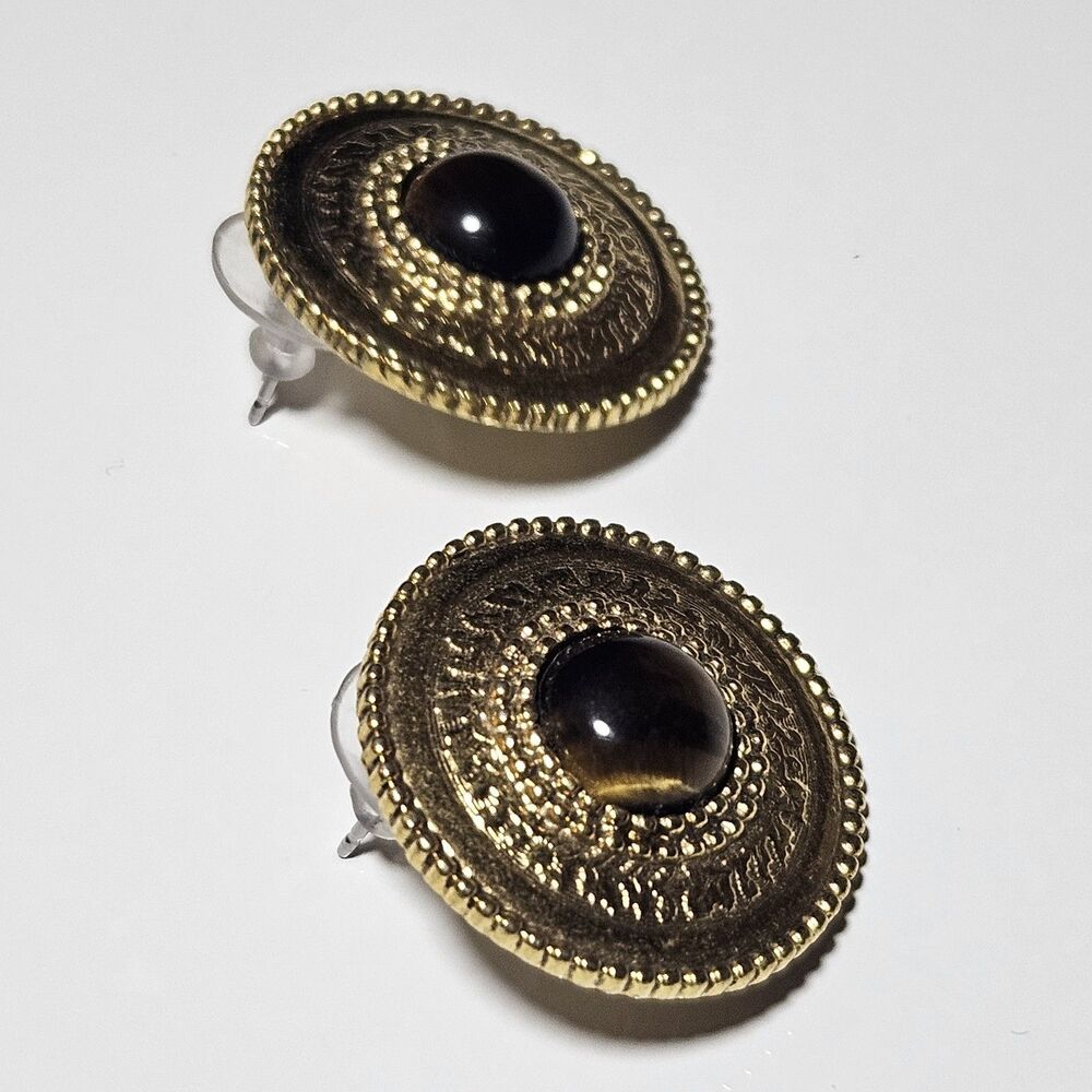 **Final Sale** Vintage 1928 Gold Tone Round Brown Tiger's Eye Earrings - Picture 11 of 12